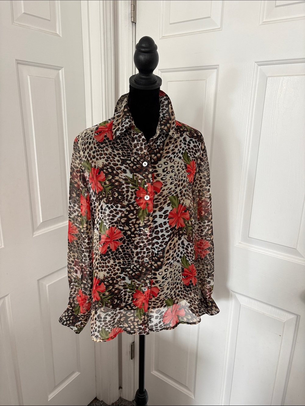 Impressions vintage sheer top with leopard print overlaid with hibiscus flowers